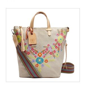 Consuela Tan Tote Bag with Floral Embroidery and Leather Handles